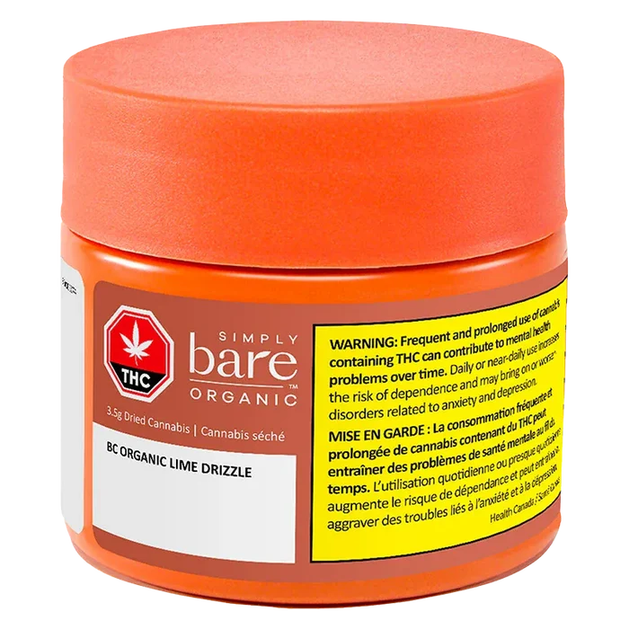 Three-quarter front view of the orange jar labeled Simply bare Organic BC Organic Lime Drizzle with a large yellow THC warning panel.