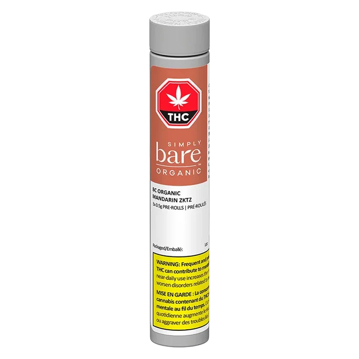 Tall front-facing tube of BC Organic Mandarin Zktz PR 3 x 0.5 g with an orange label, white cap, THC symbol, and yellow warning panel.