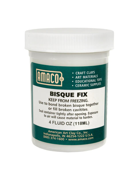 Amaco Bisque Fix 4 fluid ounce jar, white plastic tub with a green and white label