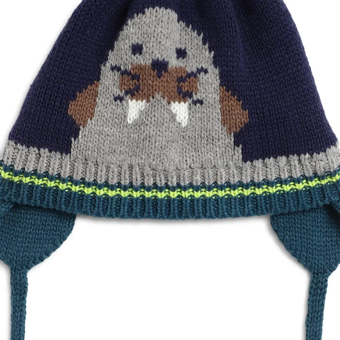 Boys Navy Blue & Grey Woollen Hat with Scarf
