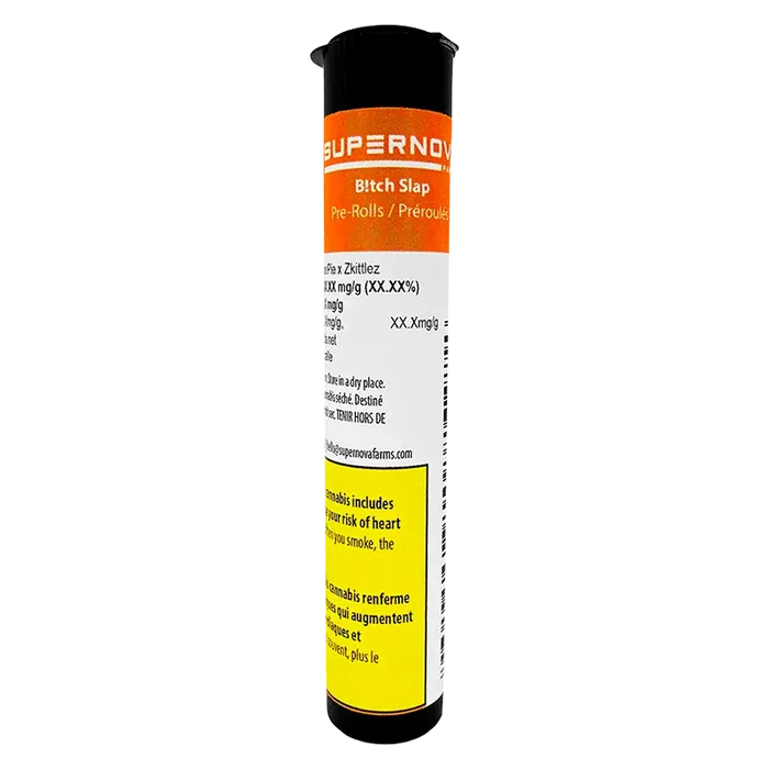 Tall front-facing tube against a white background labeled "B!tch Slap PR 3 x 0.5 g," showing orange brand header and yellow warning box on the label.