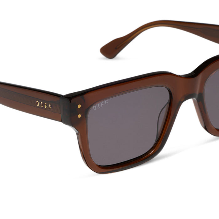 diff eyewear featuring the cash square sunglasses with a whiskey brown acetate frame and grey polarized lenses detailed view
