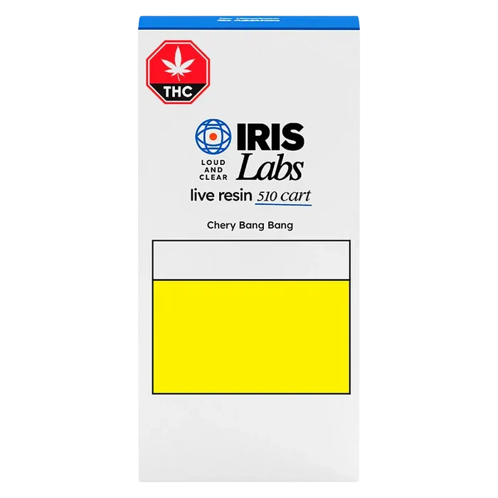 Centered front view of the IRIS Labs Cherry Bang Bang Live Resin Vape Cartridge box with bold logo, THC badge, and a large yellow sample panel