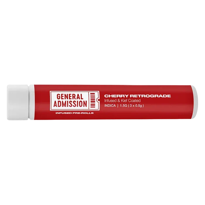 Side-on view of a red tube labeled "Cherry Retrograde Infused PR 3 x 0.5 g" from General Admission against a white background.