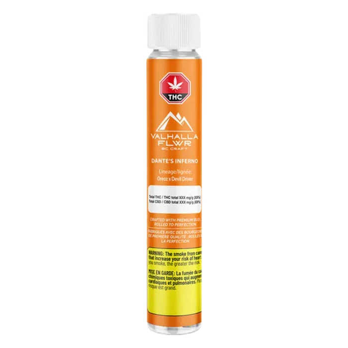 Tall front-facing tube of Dante's Inferno Pre-Rolls 3 x 0.5 g with bright orange Valhalla Flwr label and warning block at base.