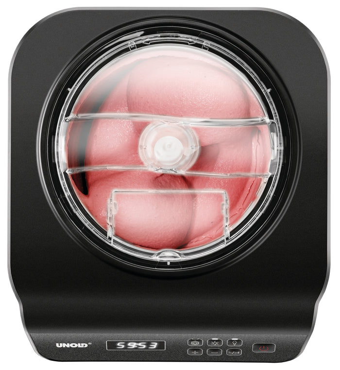 Draufsicht auf die Unold Eismaschine Uno inklusive Eisbuch 1,2 L in Schwarz. Durch den transparenten Deckel ist das Rühren von rosa Eis sichtbar. Das Bedienfeld mit Digitalanzeige und Tasten befindet sich an der Vorderseite.