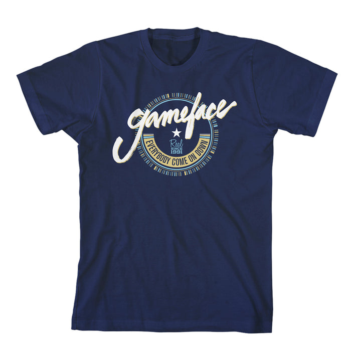 Gameface navy blue t-shirt with bold white script and a circular design below, displaying "Real Beast" and "Everybody Come On Down T-Shirt" text.