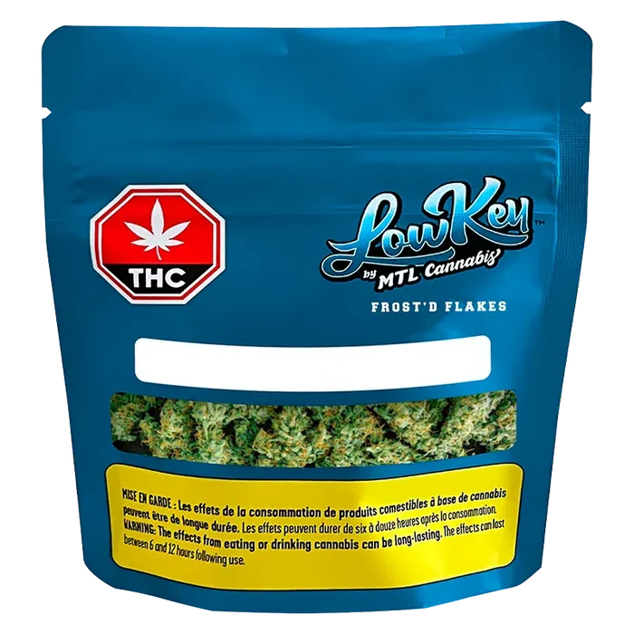 Front-facing blue pouch of Frost'd Flakes by LowKey showing a window of green cannabis buds and a red THC symbol.