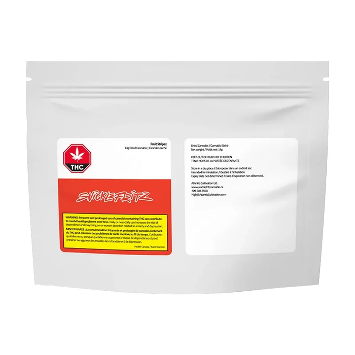 Front-facing shot of a white resealable pouch labeled Fruit Stripez with a red-and-yellow Snickfritz logo panel and THC warning.