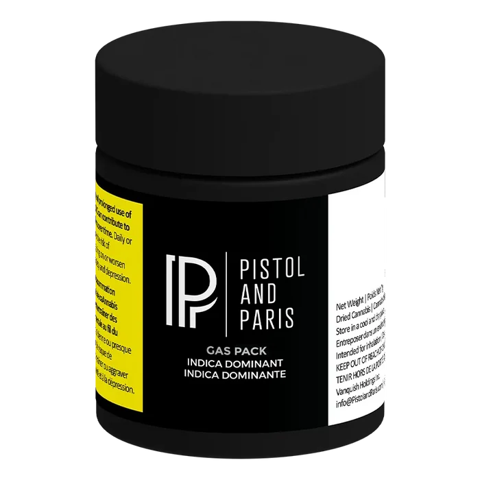 Angled front view of the black Pistol and Paris Gas Pack jar with bold white logo and a yellow warning label visible on the side.
