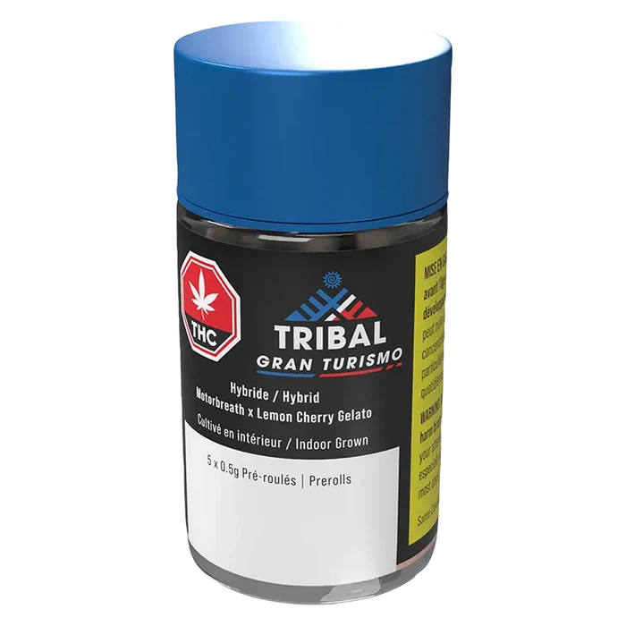 Angled front view of the Tribal Gran Turismo PR 5 x 0.5 g cylindrical container with a blue cap, black label and visible THC symbol.