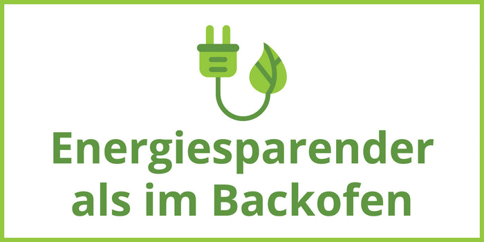 Über dem deutschen Text „Energiesparender als im Backofen“ erscheint auf weißem Hintergrund mit grünem Rand ein grünes Stecker- und Blattsymbol, das darauf hinweist, dass die Unold Heißluftfritteuse Doppelkammer Twin Zone weniger Energie verbraucht als ein herkömmlicher Backofen.