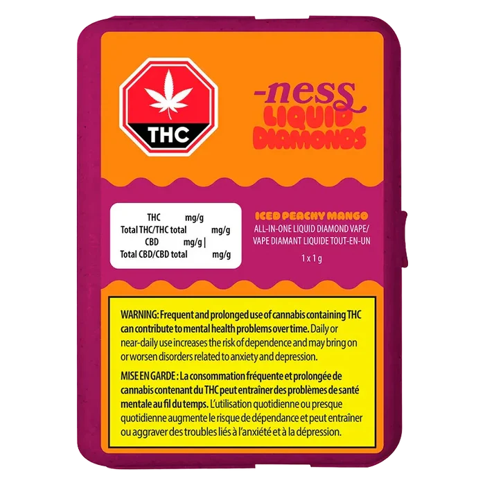Rear view of the packaging for Iced Peachy Mango Disposable Vape showing a magenta and orange label with THC symbol and health warning.