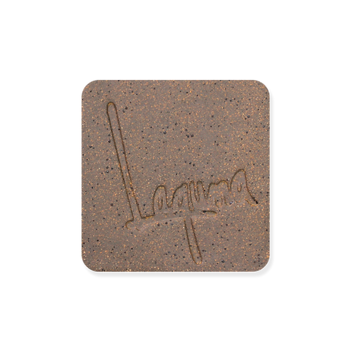 Laguna Speckled Buff WC403 clay fired test tile, darker brown with dark and copper-coloured speckles