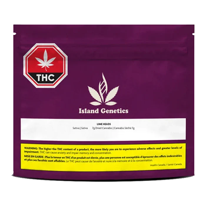 Front-facing view of the purple pouch labeled Island Genetics Lime Heads with a white logo, THC stop sign, and yellow warning panel.