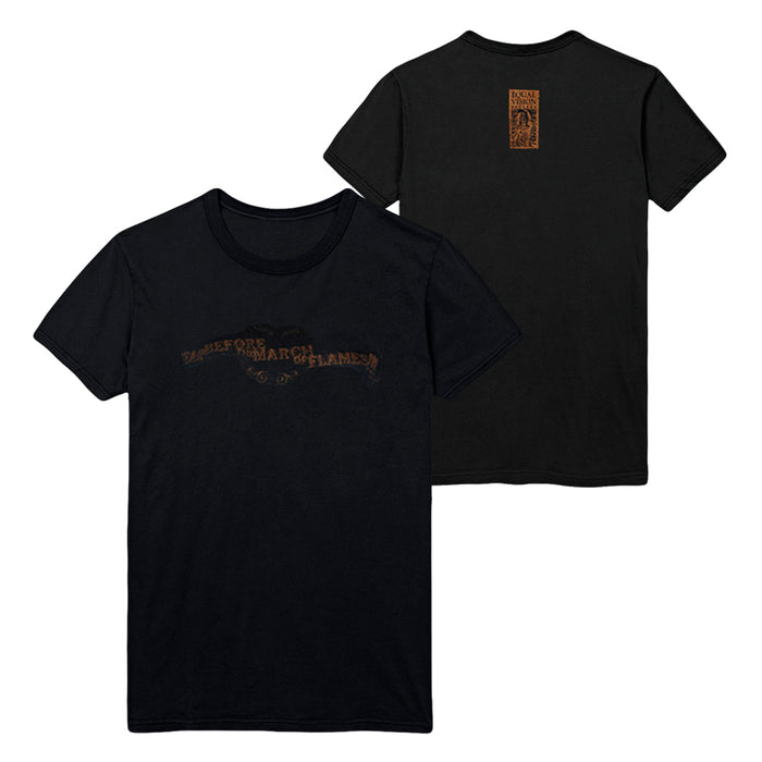 Fear Before black band tee shown front and back. Front has distressed brown Emperors March of Flames text; back features a small brown graphic and text near neckline. Printed on classic Fruit of the Loom—ideal for fans.