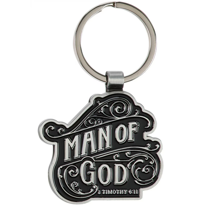 Man of God Black and Silver Metal Keychain - 1 Timothy 6:11