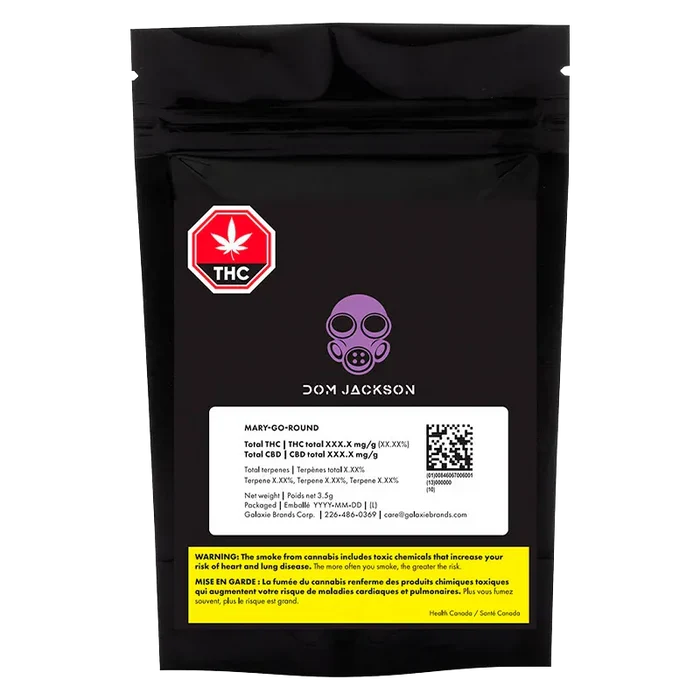 Front-facing shot of the black pouch labeled Mary-go-round with a purple gas-mask logo and a red THC octagon at top left.
