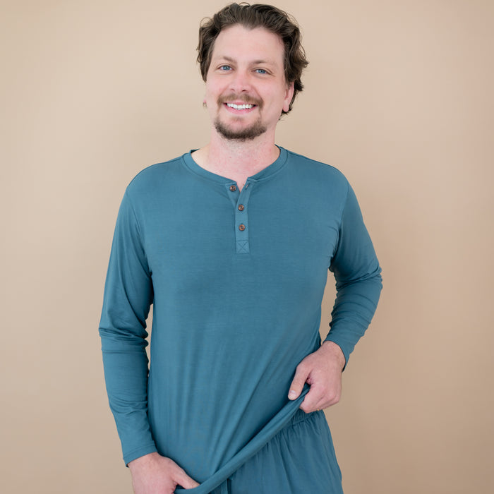 Close up of the Men's Long Sleeve Henley Top in Atlantic