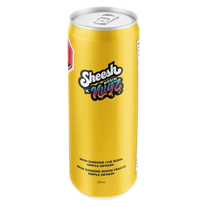 Front three-quarter view of a tall yellow can labeled Neon Sunshine Live Rosin Happle Sm'Hash centered on a white background.