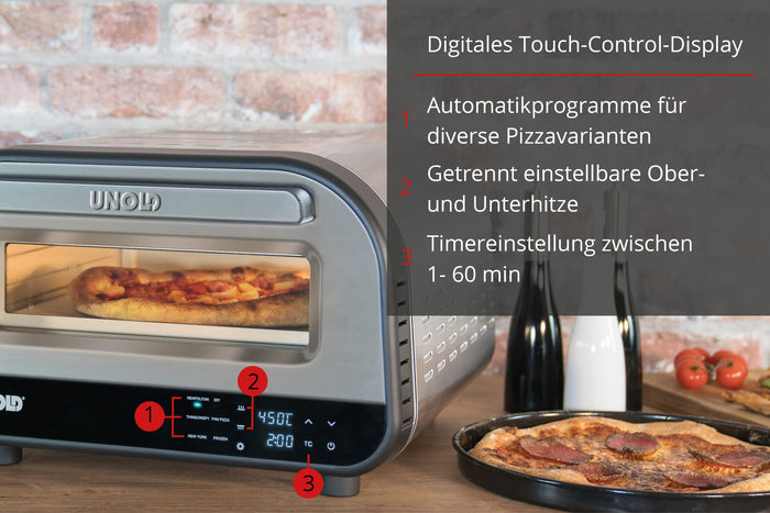 Der Unold Pizzaofen LUIGI verfügt über ein digitales Touch-Display, Pizzaprogrammoptionen, separate Temperaturregler und einen 1-60-Minuten-Timer. Der moderne Ofen zeigt eine Pizza im Inneren an, während eine andere auf einem Teller daneben ruht.