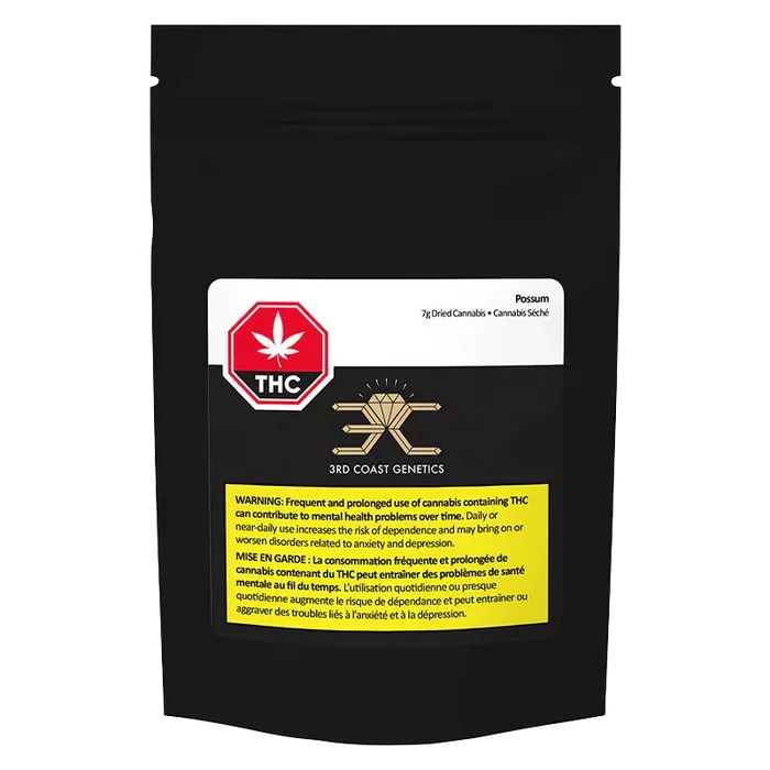 Front view of the black pouch labeled "Possum" from 3RD COAST GENETICS with a white header, red THC symbol, and yellow warning box.