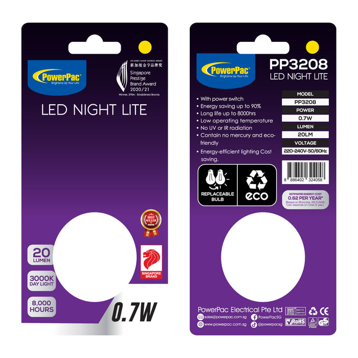PowerPac LED Night Light Toilet Bathroom Corridor Lamp with Warm White effect (PP3208)