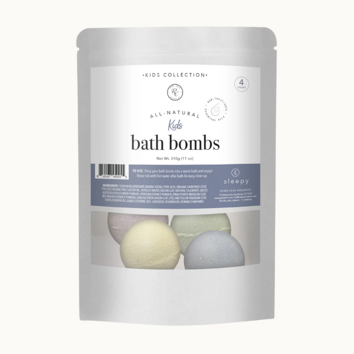 Pack of bath bombs with a white label on a white background