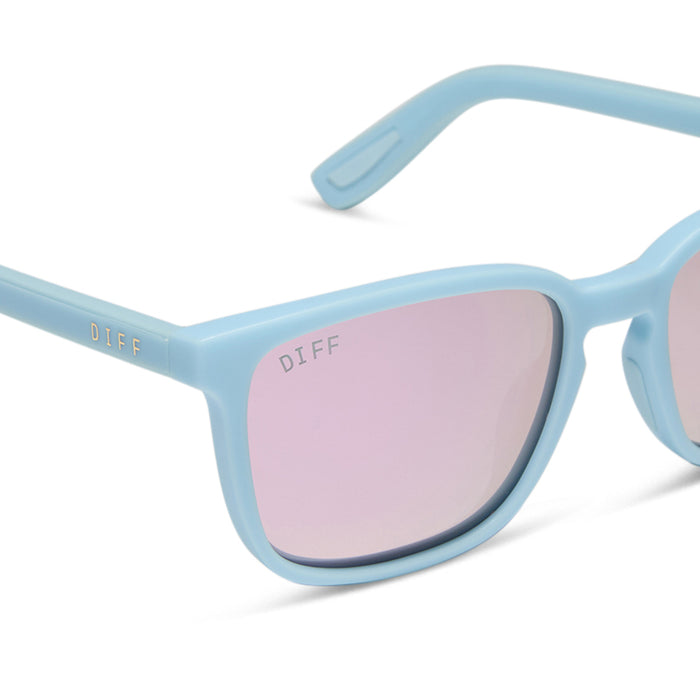 diff sport featuring the rush square sunglasses with a matte baby blue frame and lavender mirror polarized lenses detailed view