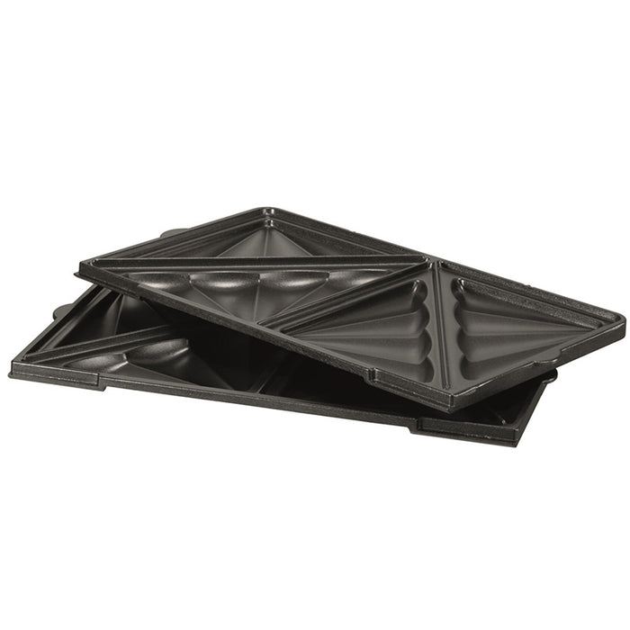 Die Unold Sandwich-Platte für MULTI 3 in 1 Onyx (einzeln) ist eine schwarze, antihaftbeschichtete Platte mit dreieckigen Abschnitten, die zum Zubereiten getoasteter Sandwiches konzipiert ist.