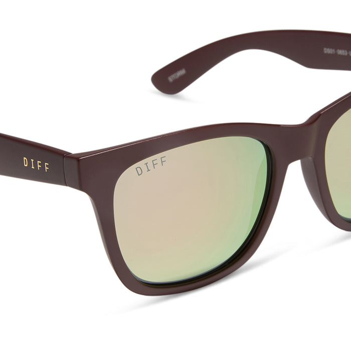 diff sport featuring the storm square sunglasses with a matte rugby red frame and taupe mirror polarized lenses detailed view