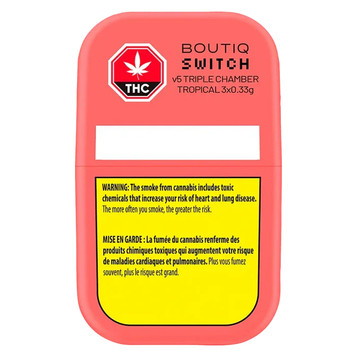 Front-facing view of the coral-colored Boutiq Switch V5 Triple Chamber Tropical Disposable Vape packaging with THC badge and yellow warning panel.