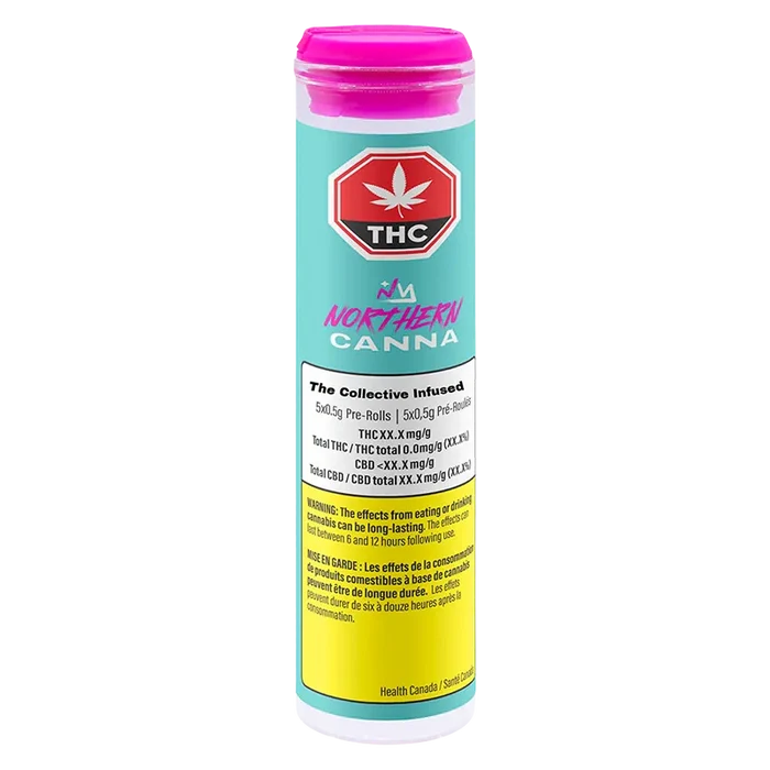 Tall front view of The Collective Infused PR 5 x 0.5 g tube with turquoise label, pink lid, and visible warning panel.