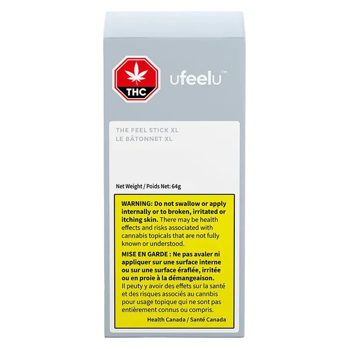 Front-facing product box photo of the ufeelu The Feel Stick XL showing a grey panel, red THC octagon logo, and a yellow bilingual warning label.