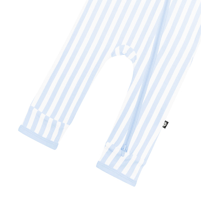 Double zipper shown on the leg of the Zippered Romper in Small Mist Stripe