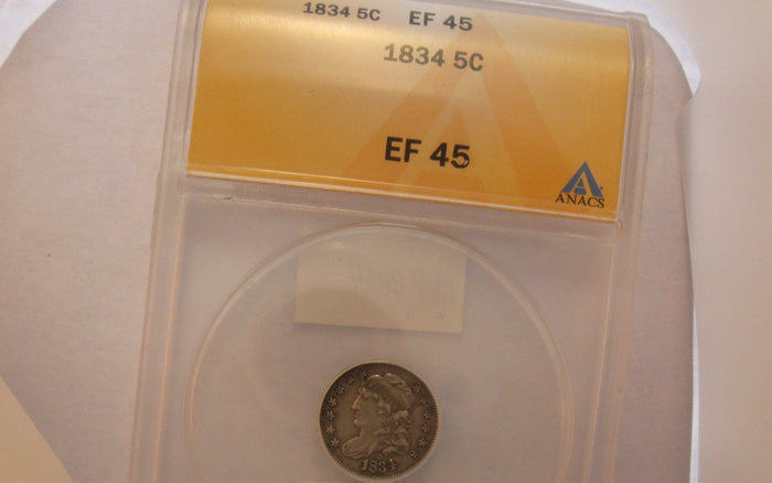 1834 Capped Bust Half Dime.  ANACS XF-45 | Of Coins & Crystals