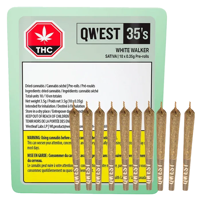 Front view of a row of ten upright pre-rolls in front of the QW'EST 35's White Walker PR 10 x 0.35 g mint-green package, label and THC icon visible.