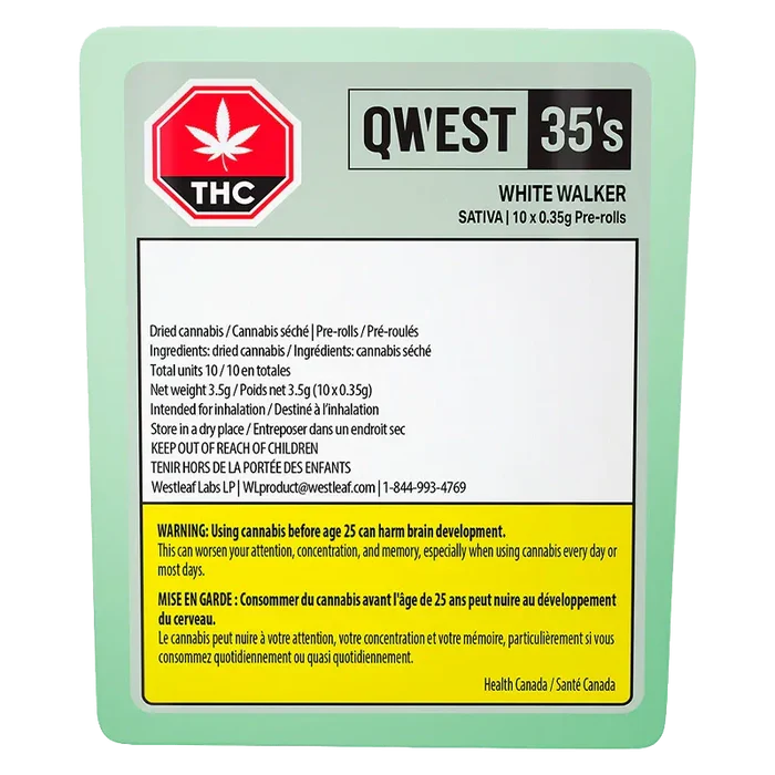 Top-down view of the mint-green QWEST 35's White Walker package showing the THC symbol, product name and a yellow Health Canada warning block.