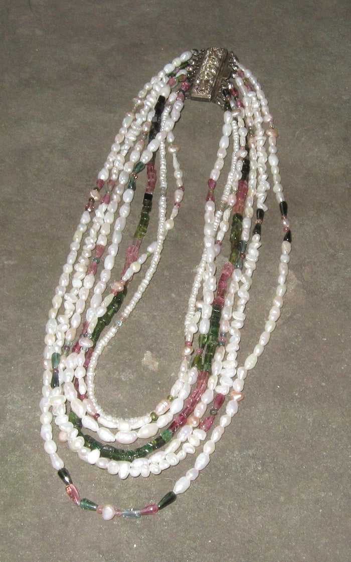 7 Strand Freshwater Pearl & Watermelon Tourmaline | Of Coins & Crystals