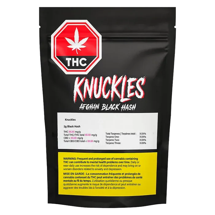 Front-facing black pouch labeled "Knuckles Afghan Black Hash" with a red THC stop-sign logo and a yellow warning panel.