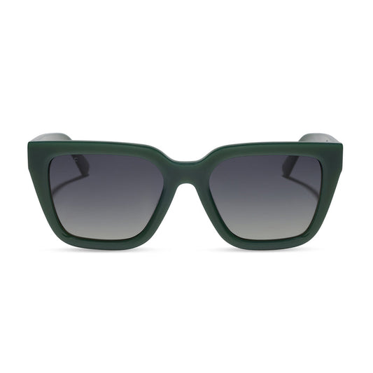 diff eyewear featuring the amara square sunglasses with a fairway green acetate frame and grey gradient polarized lenses front view