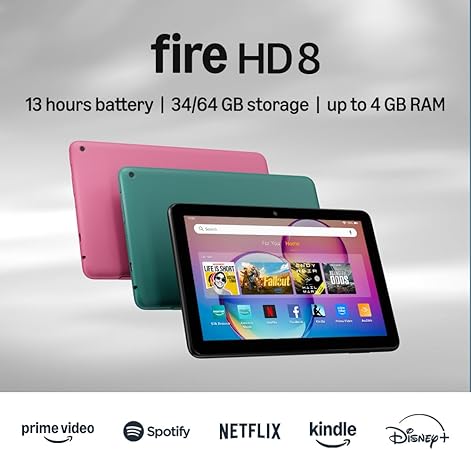 Amazon Fire HD 8 tablet (newest model), 8” HD Display, 3/4GB memory, 32/64GB, designed for portable entertainment, Black