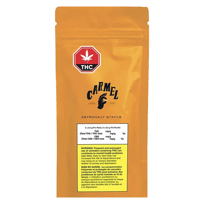 Front-facing shot of the orange Carmel Astronaut Status PR 3 x 0.5 g pouch with a red THC symbol and centered black logo.