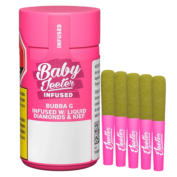 Front-facing shot of a bright pink Baby Jeeter Bubba G Infused PR 5 x 0.5 g container with five green-tipped pink pre-rolls standing beside it.
