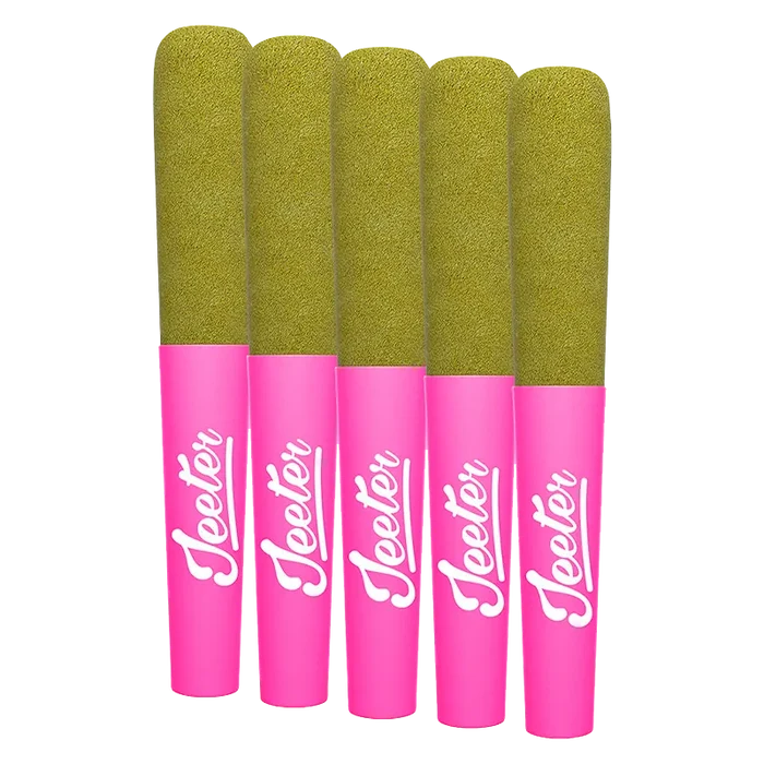 Five pink Baby Jeeter Bubba G Infused PR 5 x 0.5 g pre-rolls shown upright in a row on a white background, tops coated in green kief.
