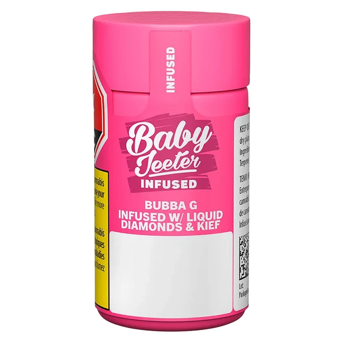 Straight-on view of a bright pink Baby Jeeter Bubba G Infused PR 5 x 0.5 g childproof container showing bold white logo and product text on the front.