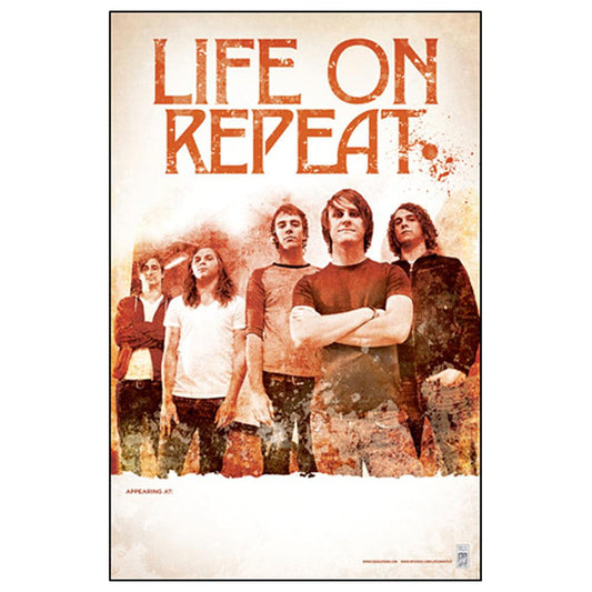 Official Life On Repeat 11"x17" poster featuring five young men beneath bold, distressed orange "LIFE ON REPEAT" text; grunge orange and white design. Ships folded for convenience.