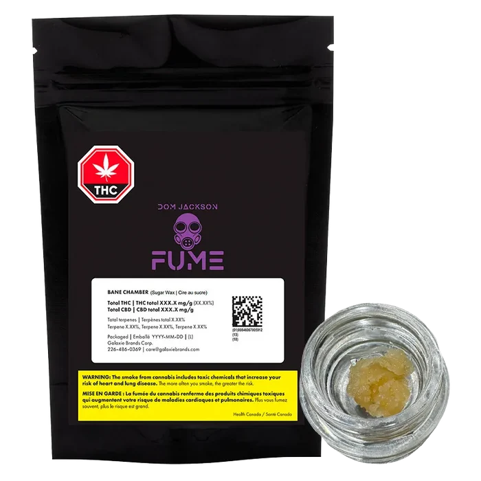 Front view of a black pouch and small glass jar containing pale yellow wax labeled Bane Chamber Wax from Fume.