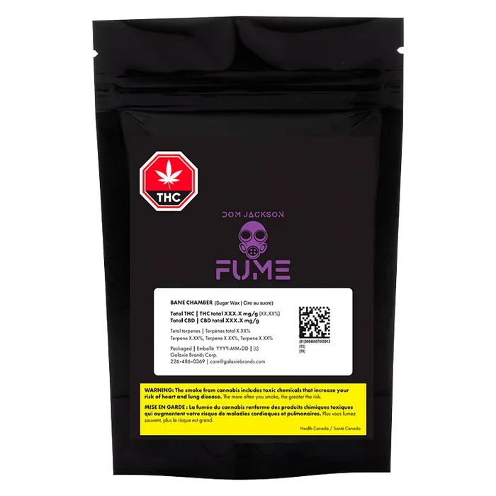 Front-facing shot of a black resealable pouch labeled "Bane Chamber Wax" with purple FUME branding and a white information panel and yellow health warning.