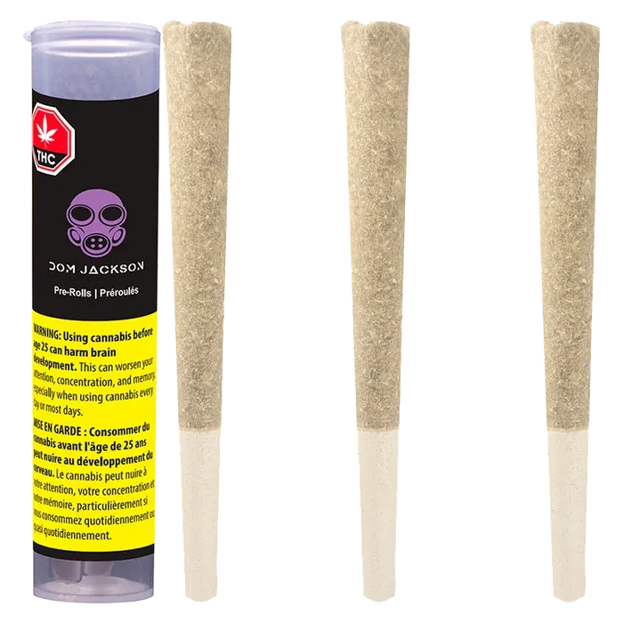 Vertical product shot showing a clear-topped tube and three beige pre-rolls, labeled Banjo PR 3 x 0.5 g.